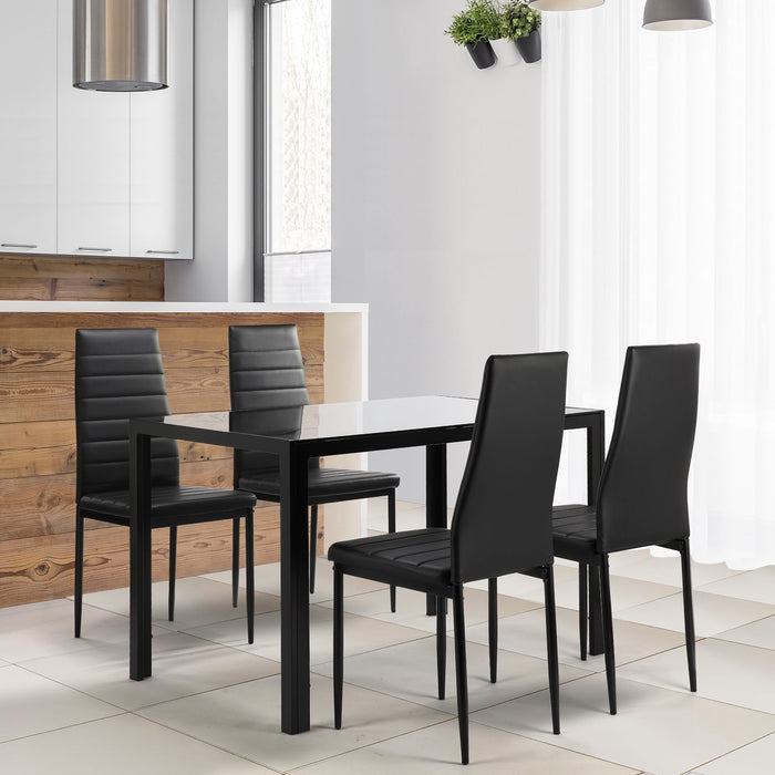 Giga 5-piece dining table set with tempered glass table and four black faux leather chairs for kitchen or dining room.