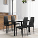 Giga 5-piece dining table set with tempered glass table and four black faux leather chairs for kitchen or dining room.