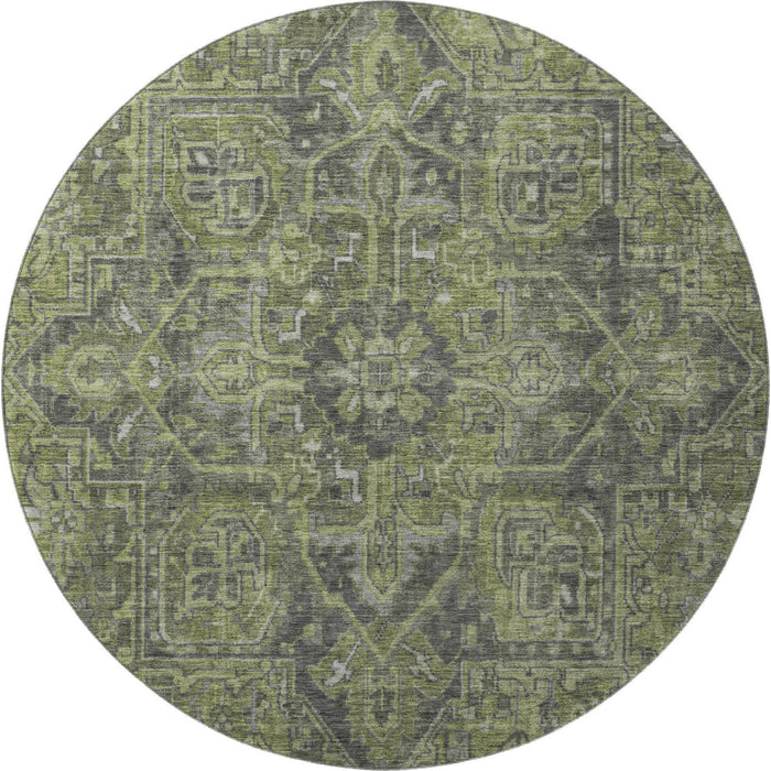 8' Medallion Distressed Washable Round Rug With UV Protection (649741) - Green / Gray