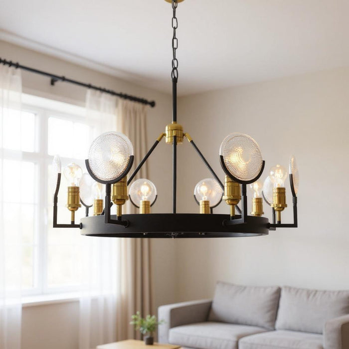 Unique Statement Eight Light Metal Chandelier With Shades - Black / Gold