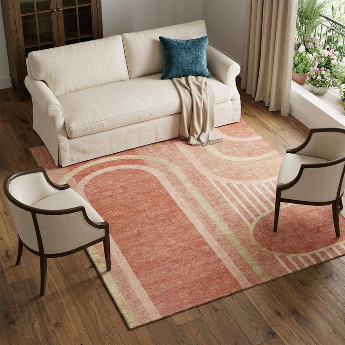 10' X 14' Geometric Washable Area Rug With UV Protection (647926) - Salmon / Beige
