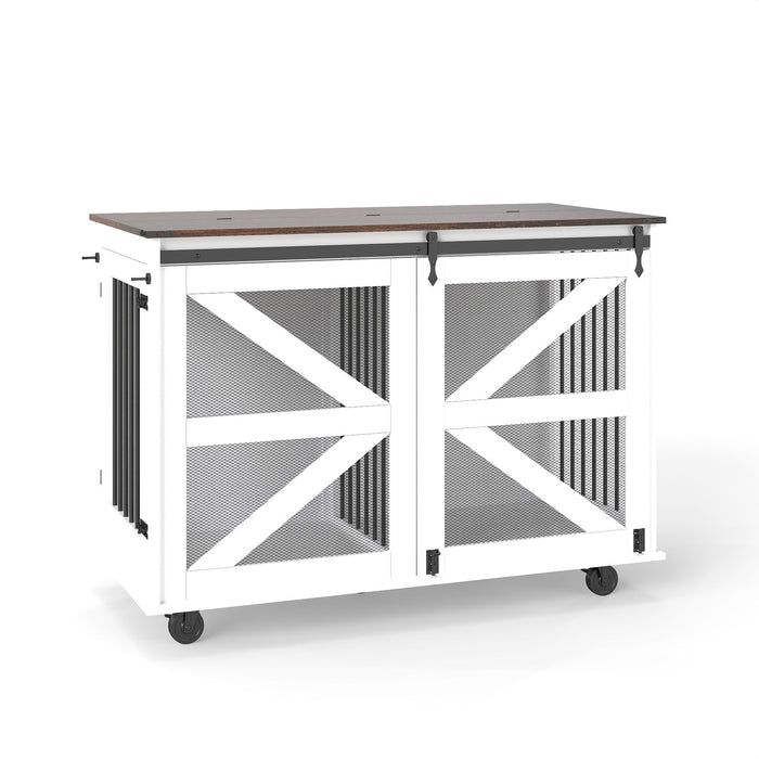 Giga mobile dog crate in brown and white with flip top feeding door, dual access, and 5-caster system with 2 locking casters.
