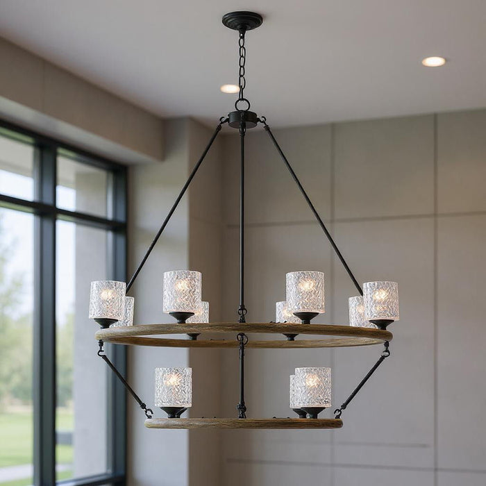 Black metal twelve-light chandelier with shades, dimmable HomeRoots chandelier featuring candle-style design and modern decor appeal.
