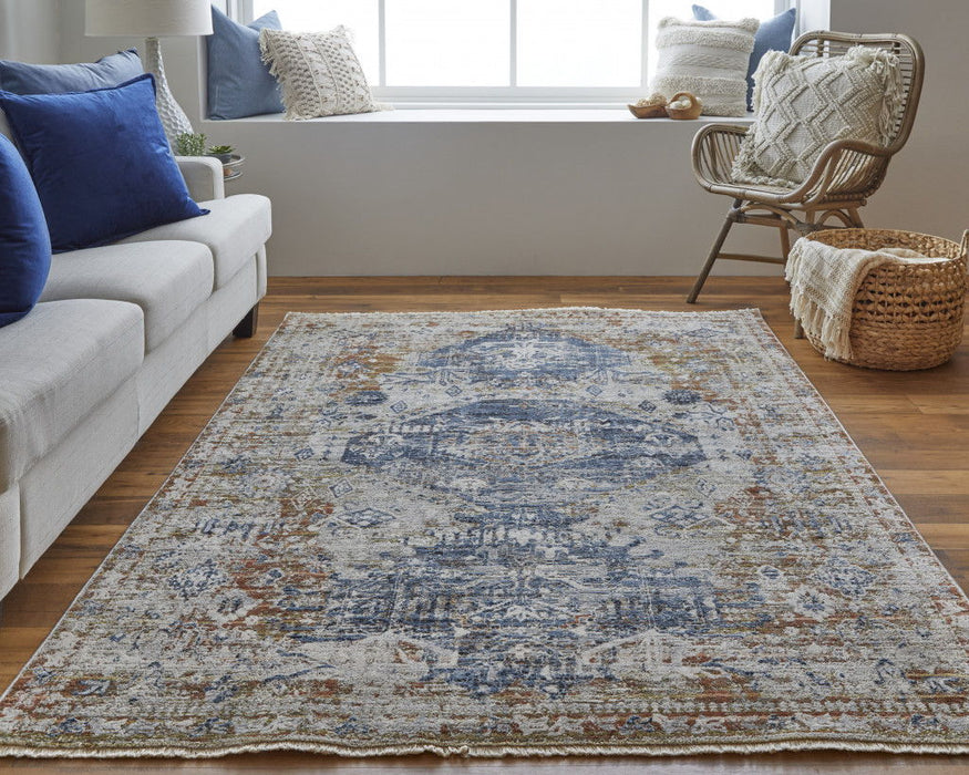 12' x 15' Floral Power Loom Distressed Area Rug With Fringe - Ivory Orange And Blue