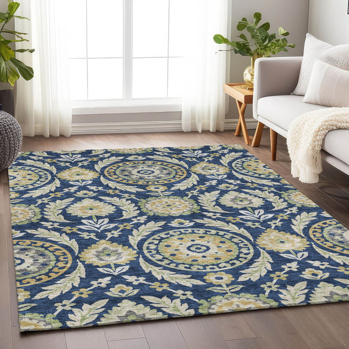 10' X 14' Floral Washable Area Rug With UV Protection - Navy Blue