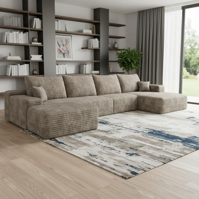 135" 2 Piece Living Room Set Corduroy Modular Compression Foam Sofa With Ottoman Toss Pillows - Camel