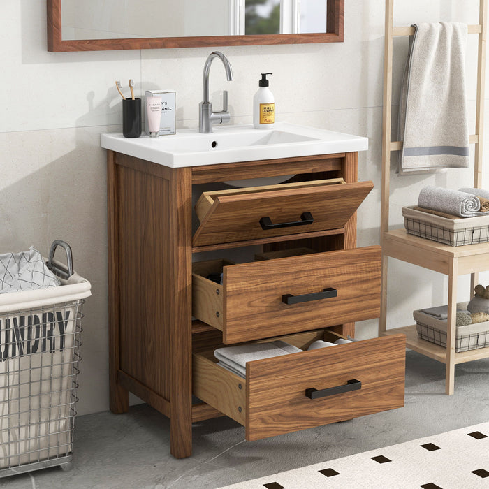 Giga 24-inch bathroom vanity with basin sink, natural wood finish, three drawer storage cabinet, modern and functional design