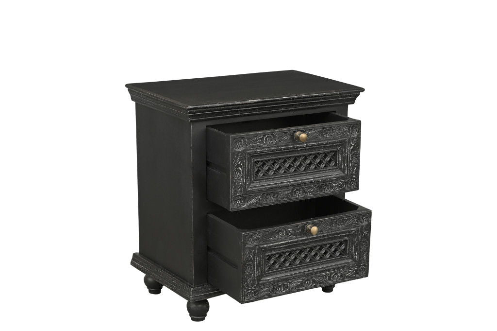Solid Wood Square Distressed Carved Floral Two Drawer Nightstand - Black