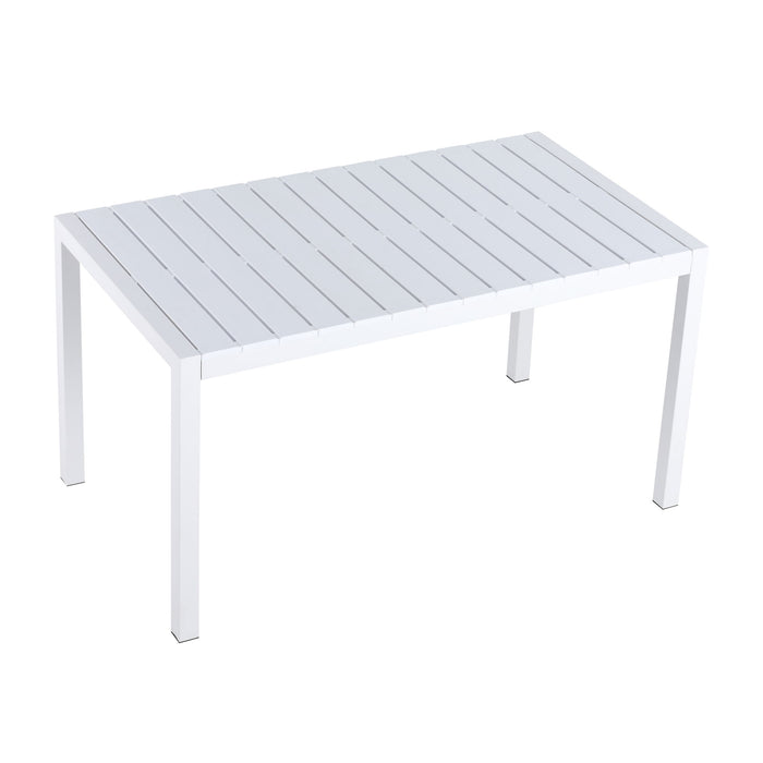 Modern Giga long dining table with white UV-resistant PP tabletop and powder-coated metal legs, perfect for indoor or outdoor use.
