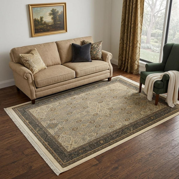 5' X 8' Medallion Area Rug With Fringe (574458) - Ivory / Dark Blue