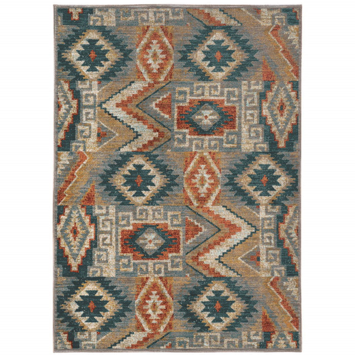10' x 13' Geometric Power Loom Stain Resistant Area Rug - Blue Teal Gray Orange Gold Ivory And Rust