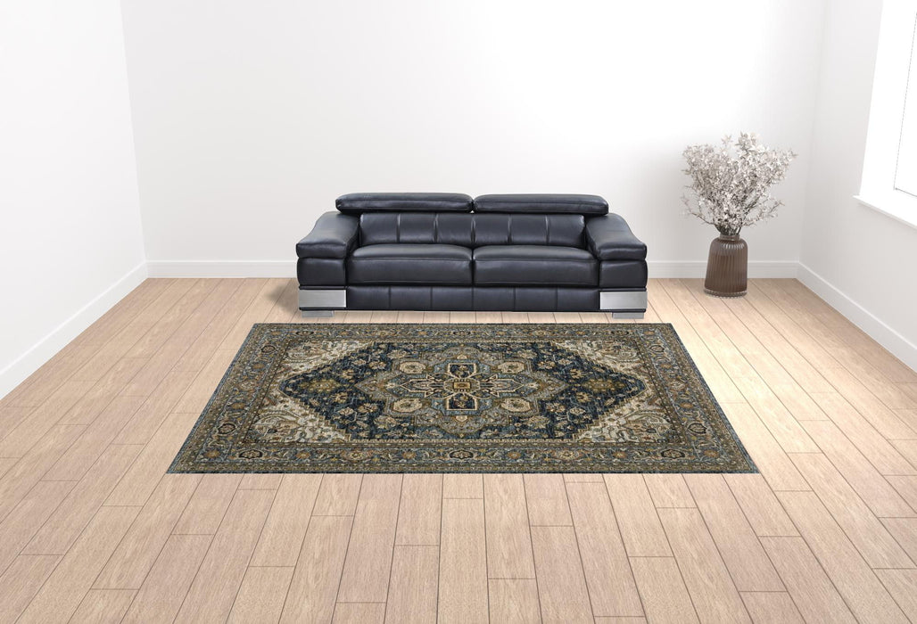 10' x 13' Oriental Power Loom Stain Resistant Area Rug With Fringe - Blue Taupe Gray Green Rust Tan Beige And Gold