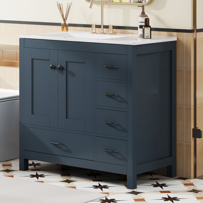 Giga bathroom vanity with ceramic sink, spacious storage cabinet, two soft-close doors, and five drawers for organized bathroom use.