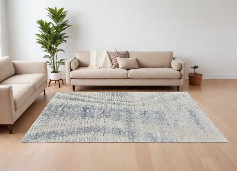 6' x 9' Abstract Hand Knotted Worn Faded Area Rug - Ivory Gray And Blue