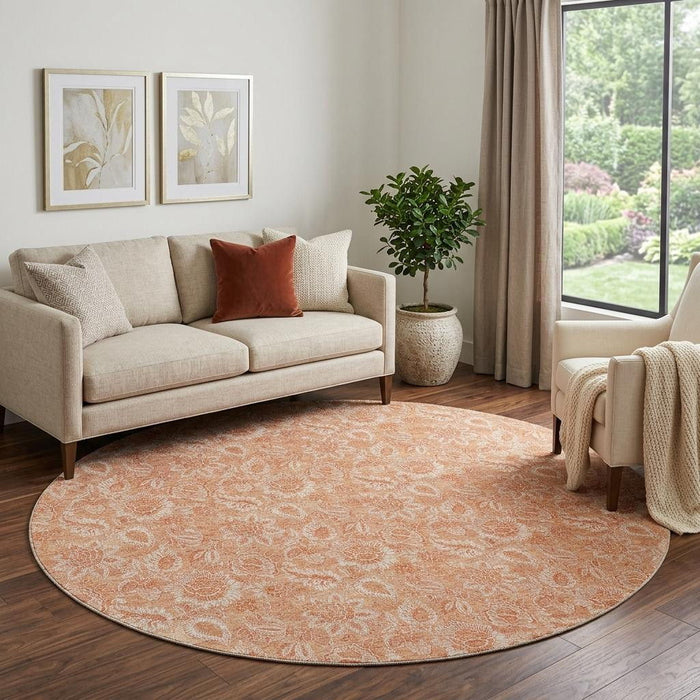 8' Floral Washable Round Rug With UV Protection (655147) - Salmon / Ivory