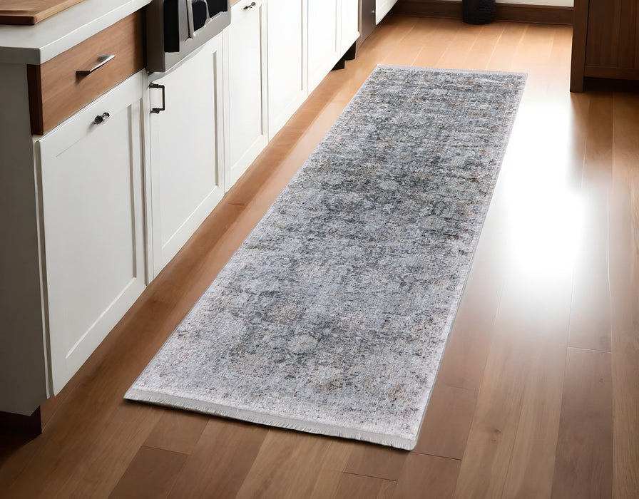 10' x 2.7' Damask Power Loom Worn Faded Runner Rug - Gray And Silver