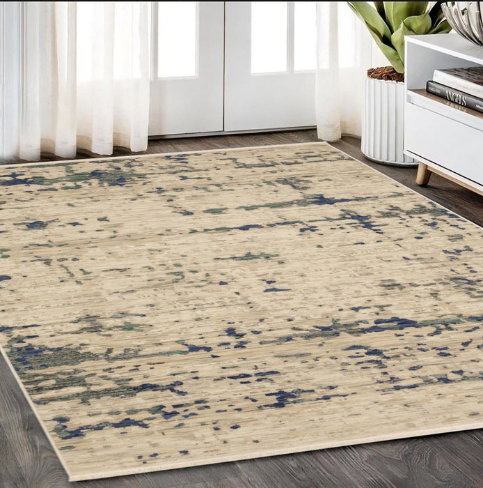 5' X 8' Abstract Area Rug With Fringe - Beige And Green