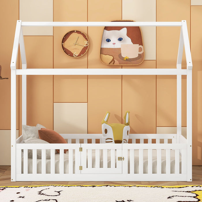 Giga wood house platform bed with fence and door, featuring a cozy, playhouse design for children's bedroom decor.