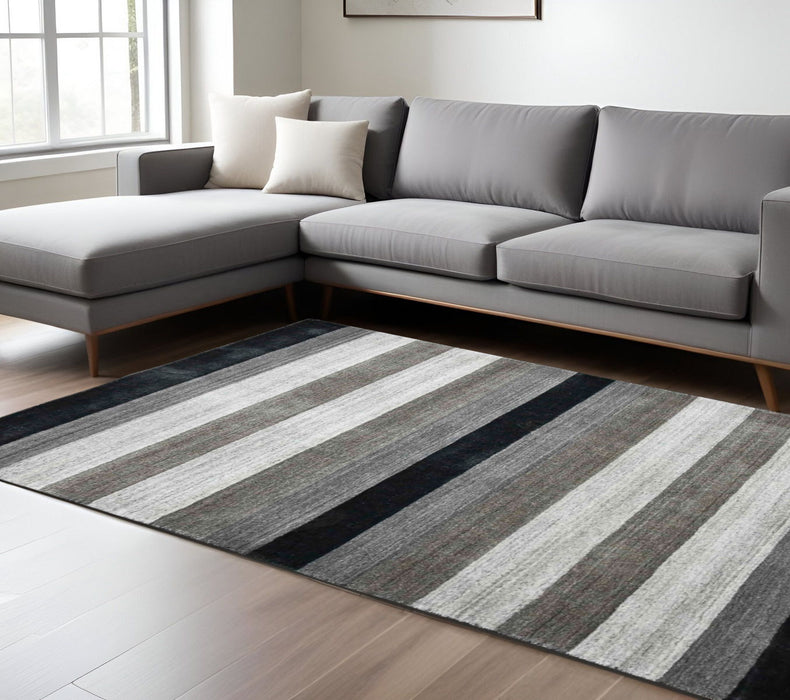 9' X 12' Wool Striped Hand Woven Area Rug - Black And Gray
