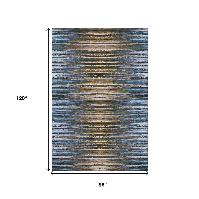 8' X 10' Striped Washable Area Rug With UV Protection (650984) - Blue / Brown / Gray