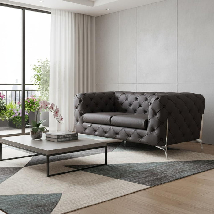 Italian Leather Loveseat - Brown / Silver