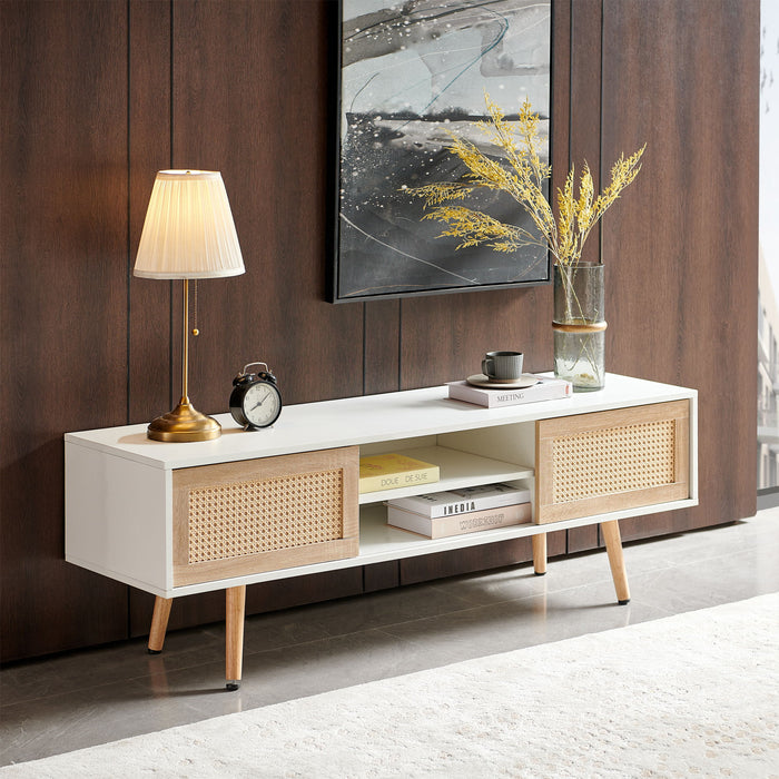 Giga 55.12-inch rattan TV cabinet with double sliding doors, adjustable shelf, solid wood legs, ideal for living room storage.