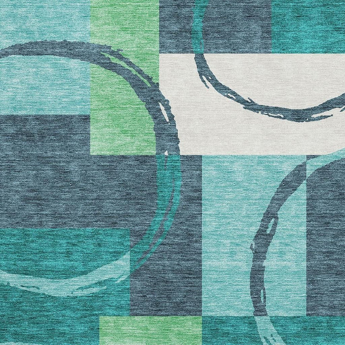 10' X 14' Geometric Washable Area Rug With UV Protection (675096) - Teal / Ivory / Green