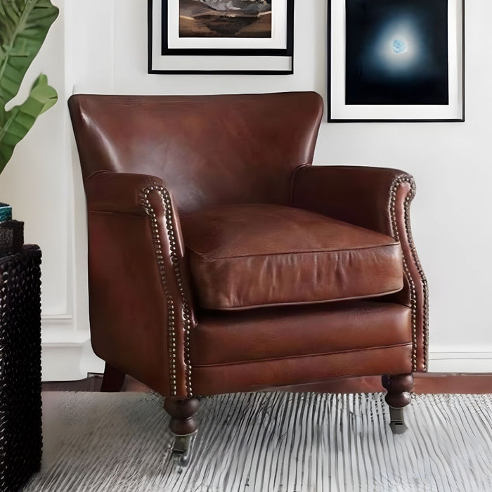 Top Grain Leather Wingback Chair - Dark Brown