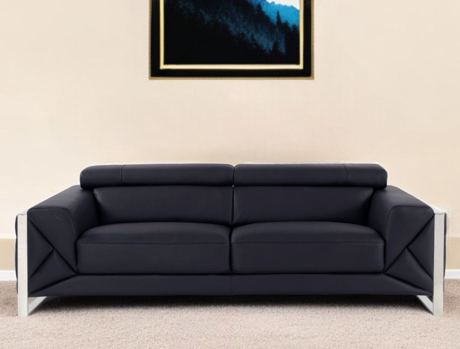 Italian Leather Sofa & Silver Legs - Black