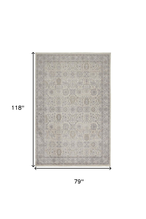 7' x 10' Oriental Power Loom Worn Faded Area Rug With Fringe - Gray And Ivory