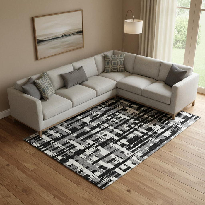 10' X 14' Striped Washable Area Rug With UV Protection (705659) - Black / Ivory