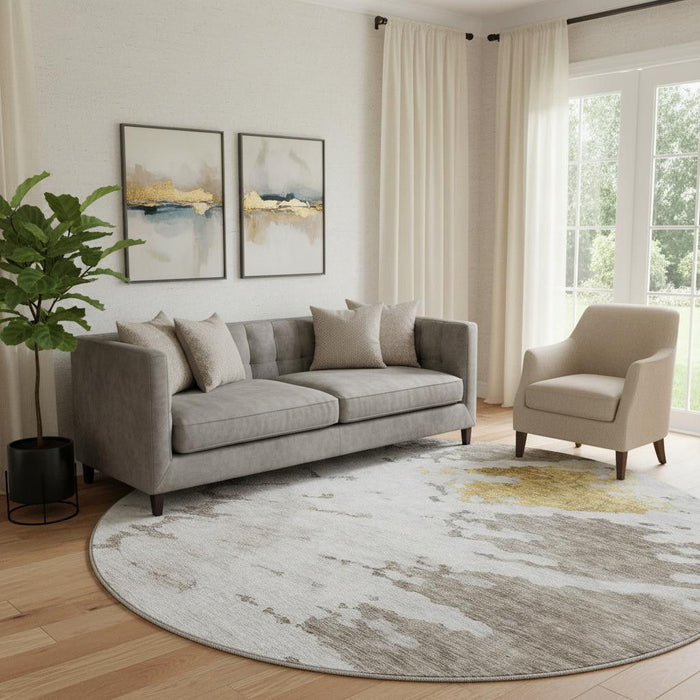 8' Abstract Washable Round Rug With UV Protection (651313) - Taupe / Gold / Ivory