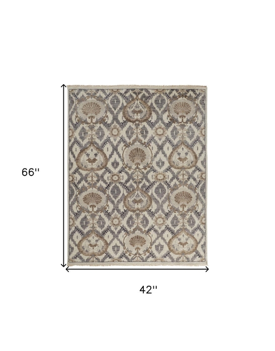 4' x 6' Wool Floral Hand Knotted Stain Resistant Area Rug - Ivory Gray And Taupe