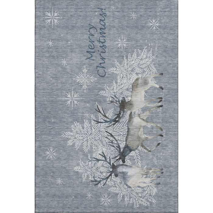 9' X 12' Christmas Deer Washable Area Rug With UV Protection (646414) - Blue / Gray / Ivory