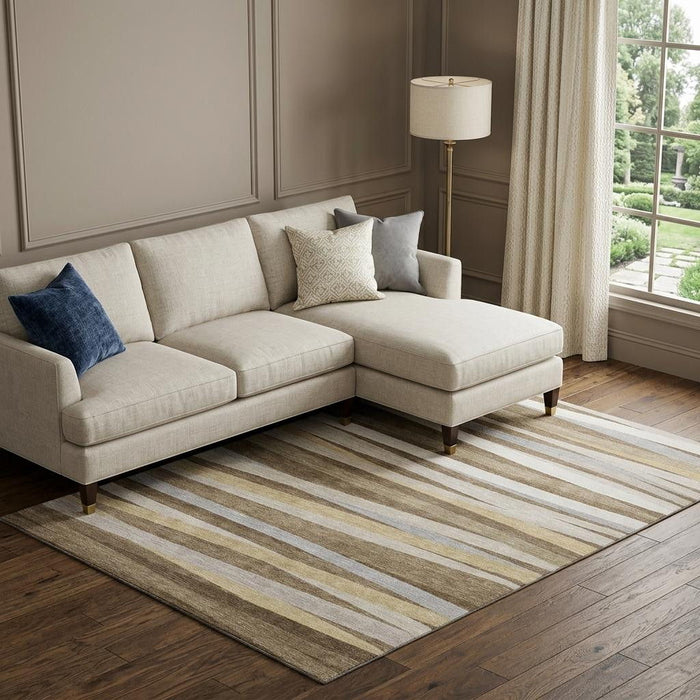10' X 14' Striped Washable Area Rug With UV Protection (678478) - Brown / Taupe / Beige