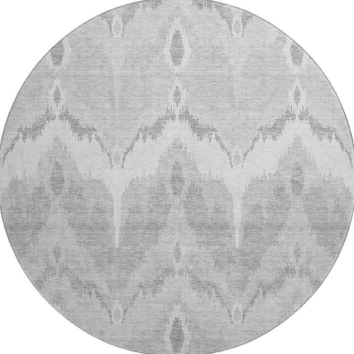 8' Ikat Washable Round Rug With UV Protection - Silver And Gray