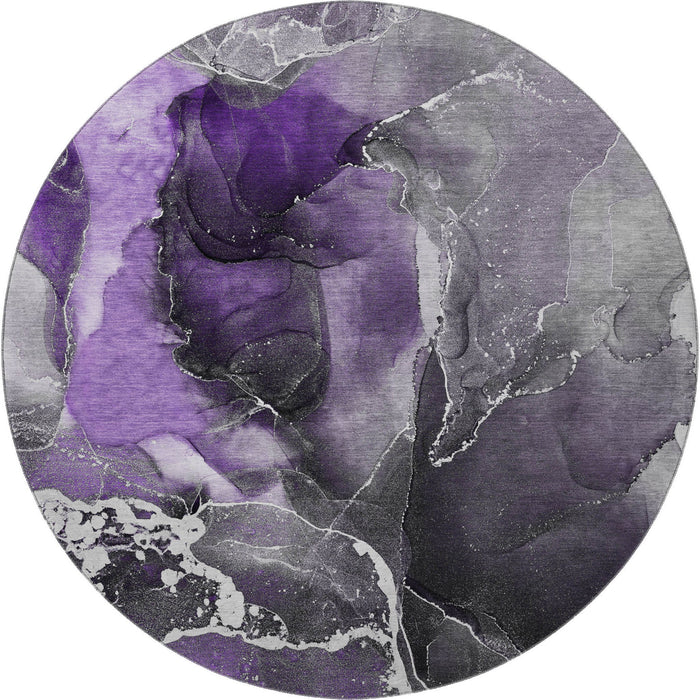 8' Abstract Washable Round Rug With UV Protection (646695) - Purple / Charcoal
