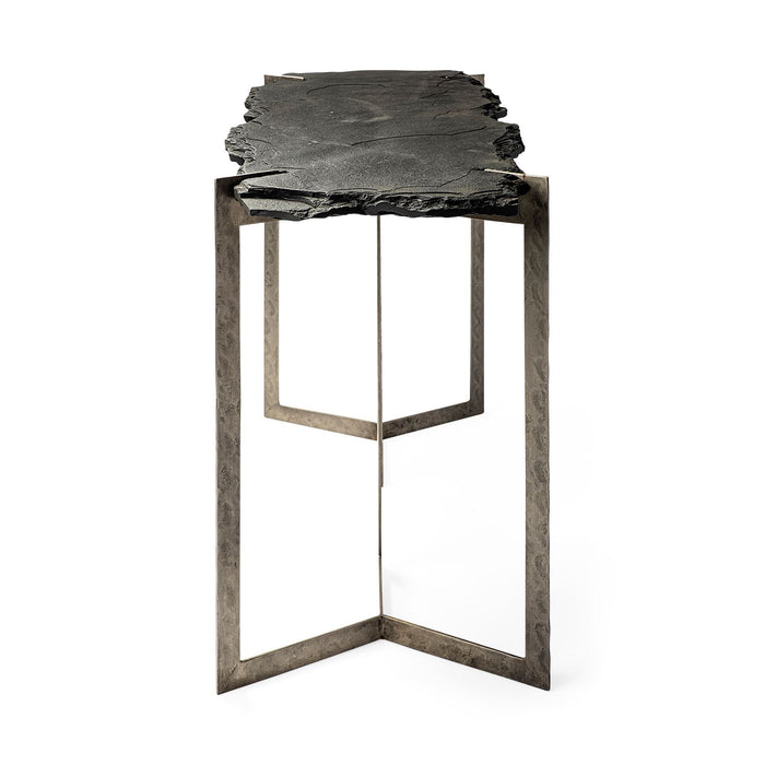 Distressed Double Pedestal Console Table - Black And Nickel Slate