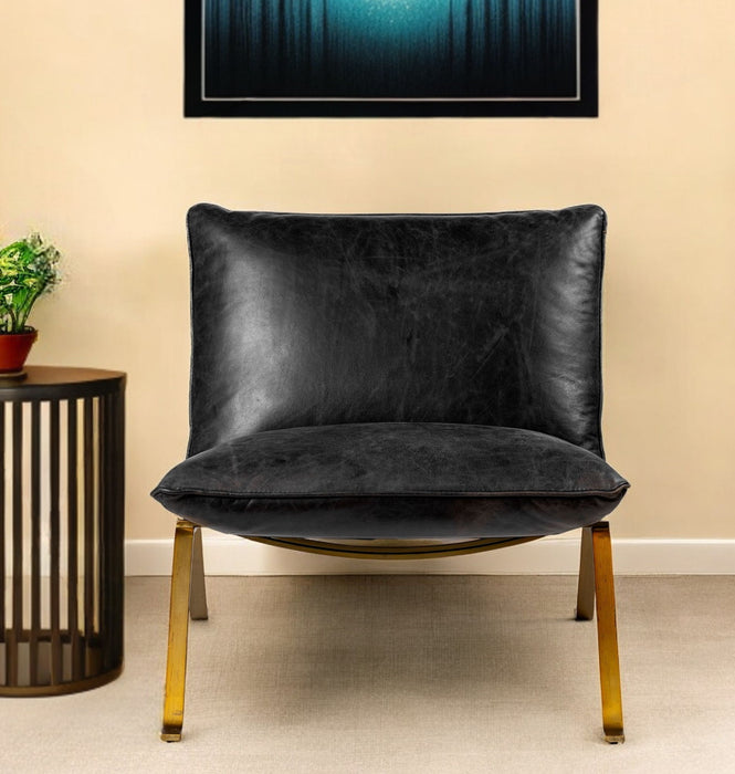 Top Grain Leather Distressed Slipper Chair - Black / Brass