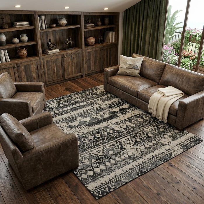 9' X 12' Wool Geometric Hand Knotted Area Rug (744371) - Ivory / Gray / Black