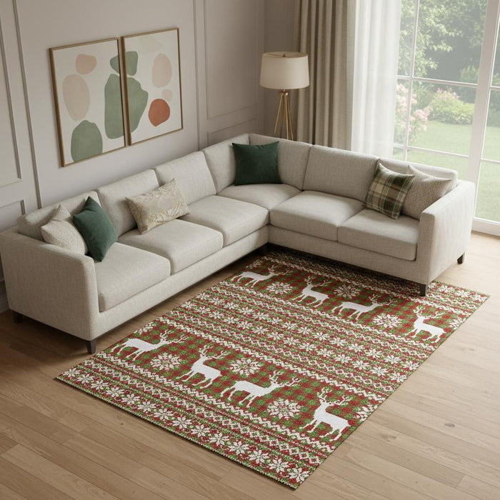 10' X 14' Abstract Geometric Washable Area Rug With UV Protection (701966) - Fern Green / Red / Ivory