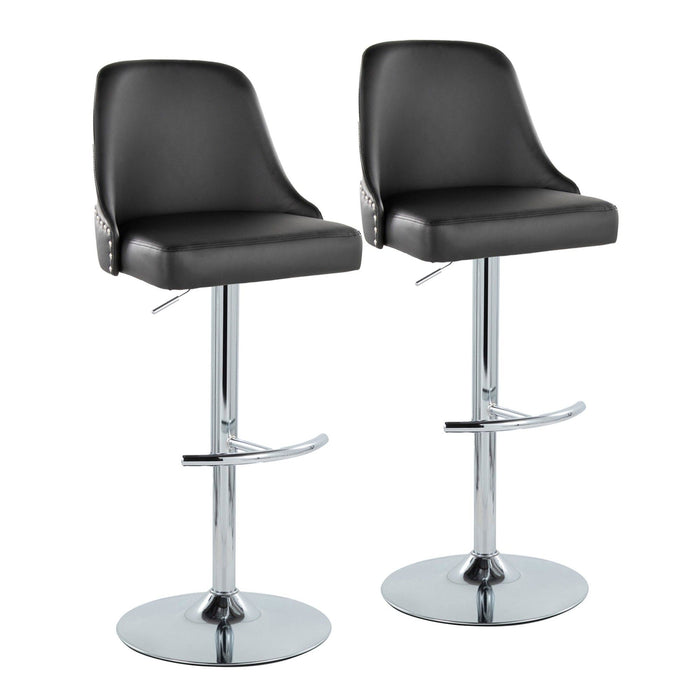 Marcel - Adjustable Barstool With Rounded T Footrest (Set of 2) - Chrome Metal And Black Faux Leather With Chrome Nailhead Trim