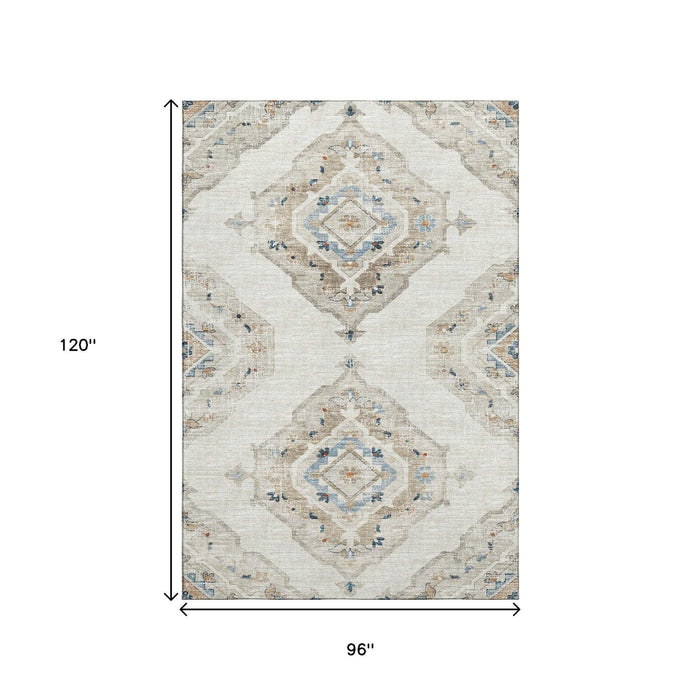 8' X 10' Tribal Distressed Washable Area Rug With UV Protection (644178) - Linen / Ivory / Blue