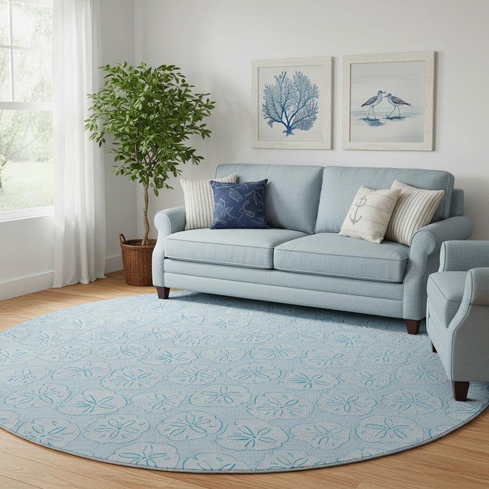8' Geometric Washable Round Rug With UV Protection (646094) - Blue / Ivory