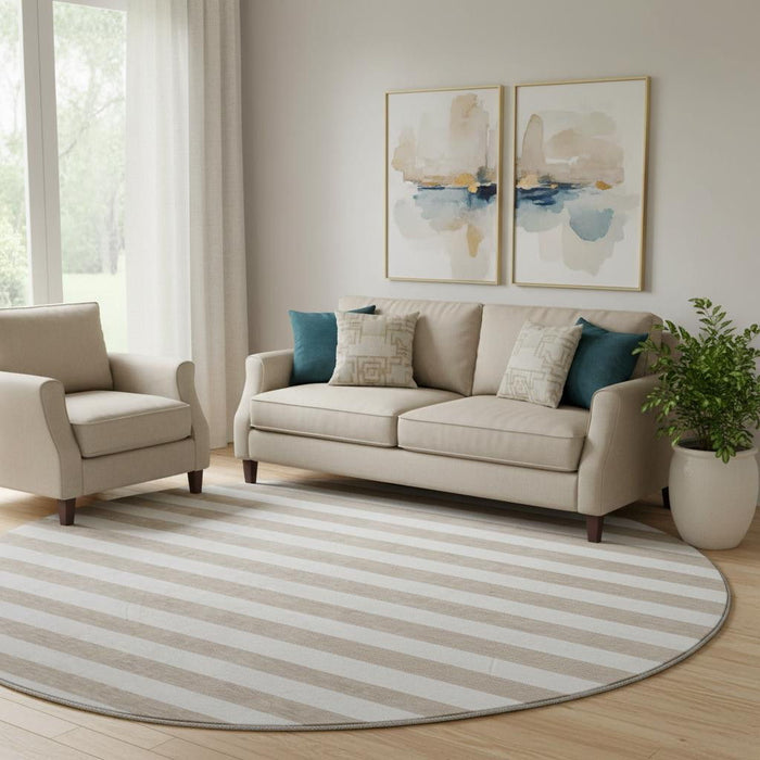 8' Striped Washable Round Rug With UV Protection (647665) - Taupe / Ivory