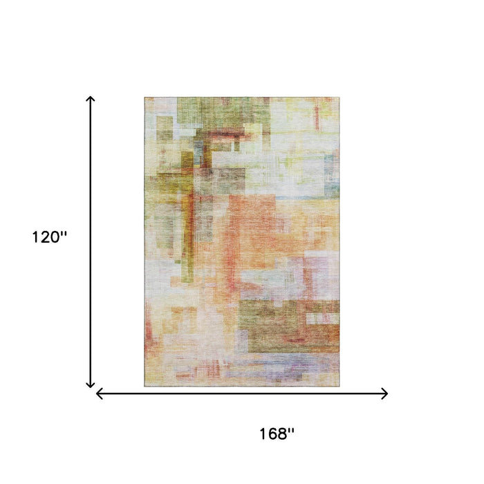 10' X 14' Abstract Geometric Washable Area Rug With UV Protection (683488) - Coral / Ivory / Gold