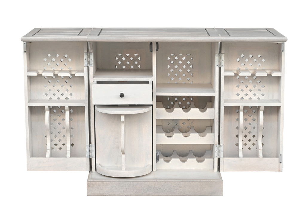 Solid Wood Carved Floral Bar Cabinet With Two Doors One Drawer (727849) - White