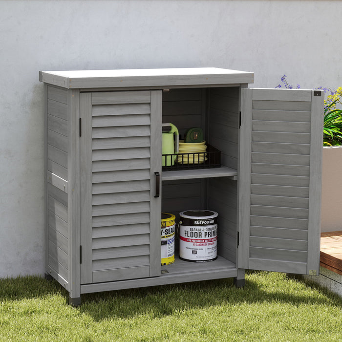 Giga outdoor potting bench with storage cabinet and metal tabletop, ideal for gardening and outdoor workspace organization.