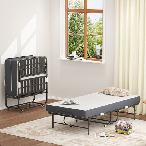 Black Giga twin extra long folding bed with memory foam mattress, heavy-duty rollaway guest bed for tall people, portable and comfortable.