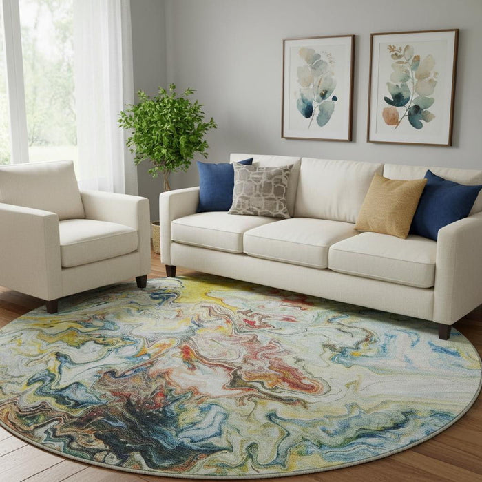 8' Abstract Washable Round Rug With UV Protection (650959) - Ivory / Yellow / Blue